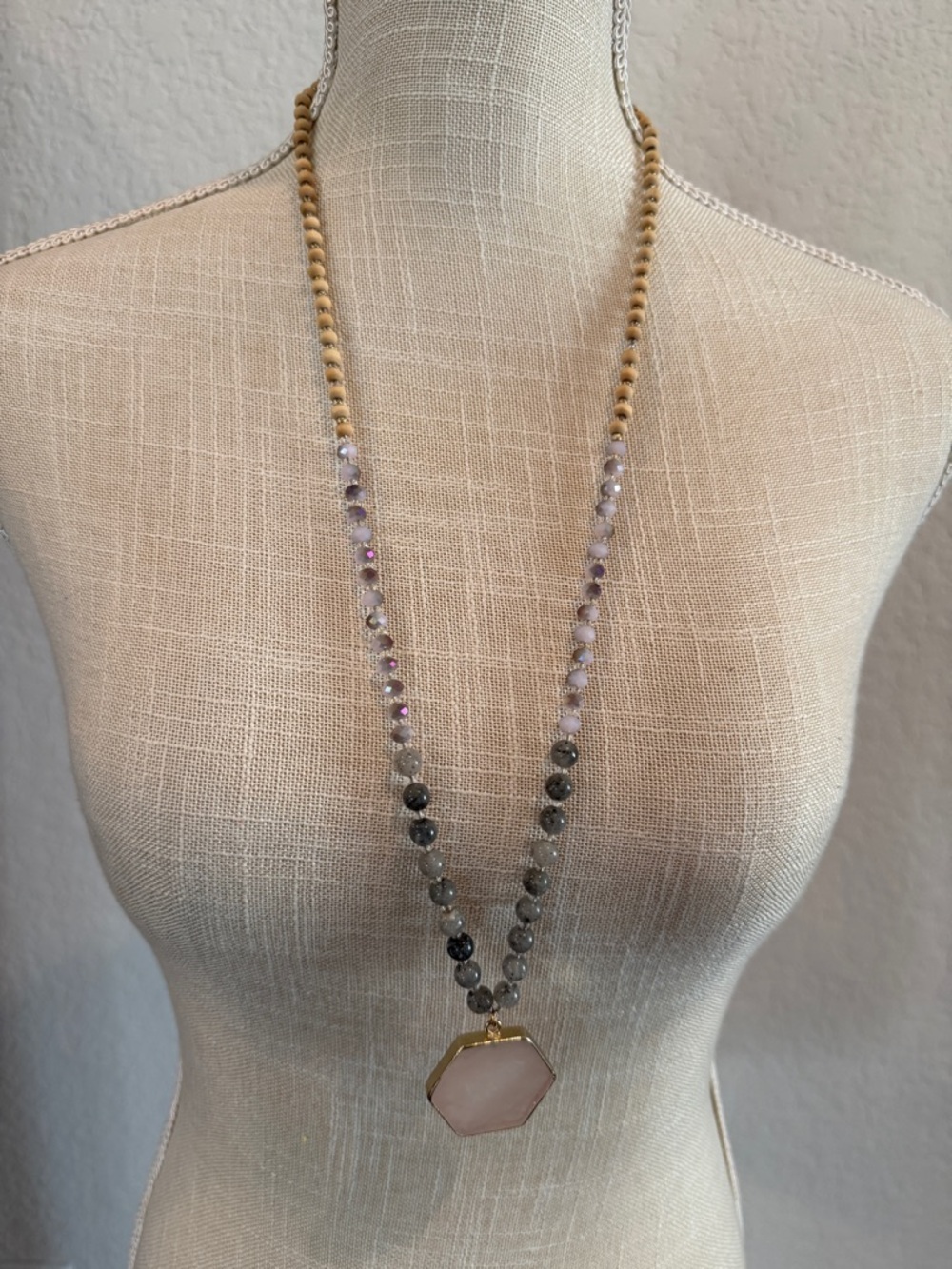 Handcrafted Rose Quartz Hexagon Pendant Beaded Necklace